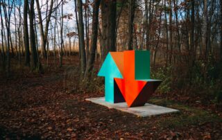 two arrows in a forest, turquoise pointing up and red pointing down